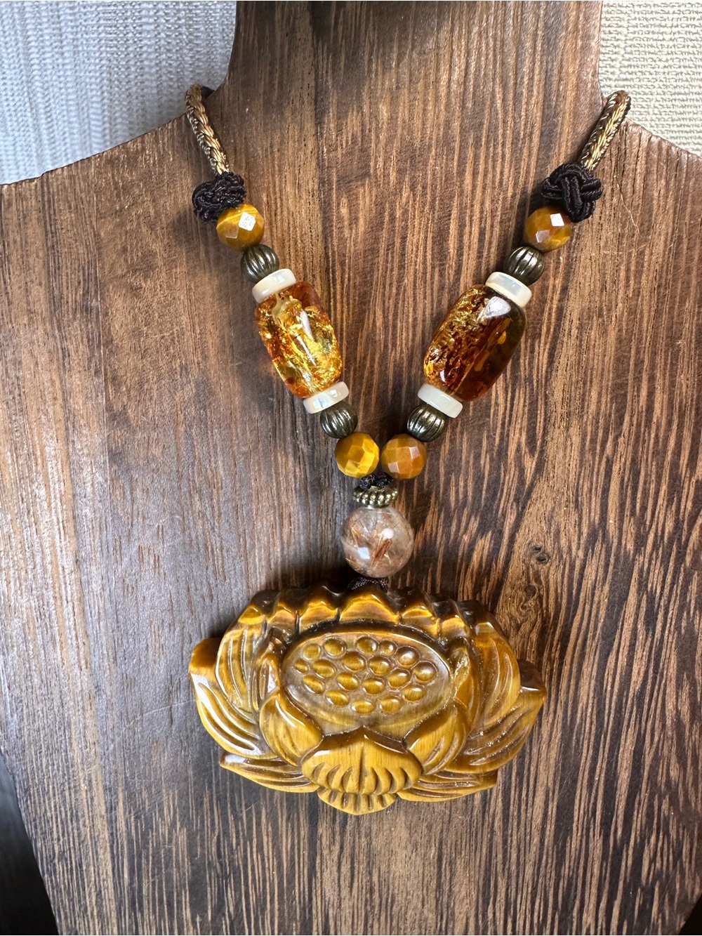 Tiger’s Eye Lotus Pendant Necklace with Golden Rutile and Amber on Rope - Picture 2 of 16